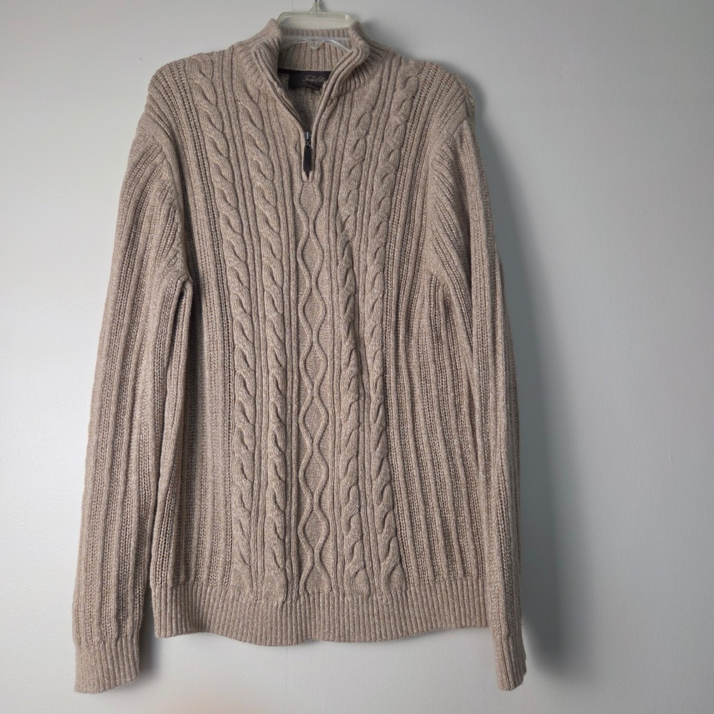 Tasso Elba Mens XL Tan Beige Cable Knit 100% Cotton Quarter Zip Sweater